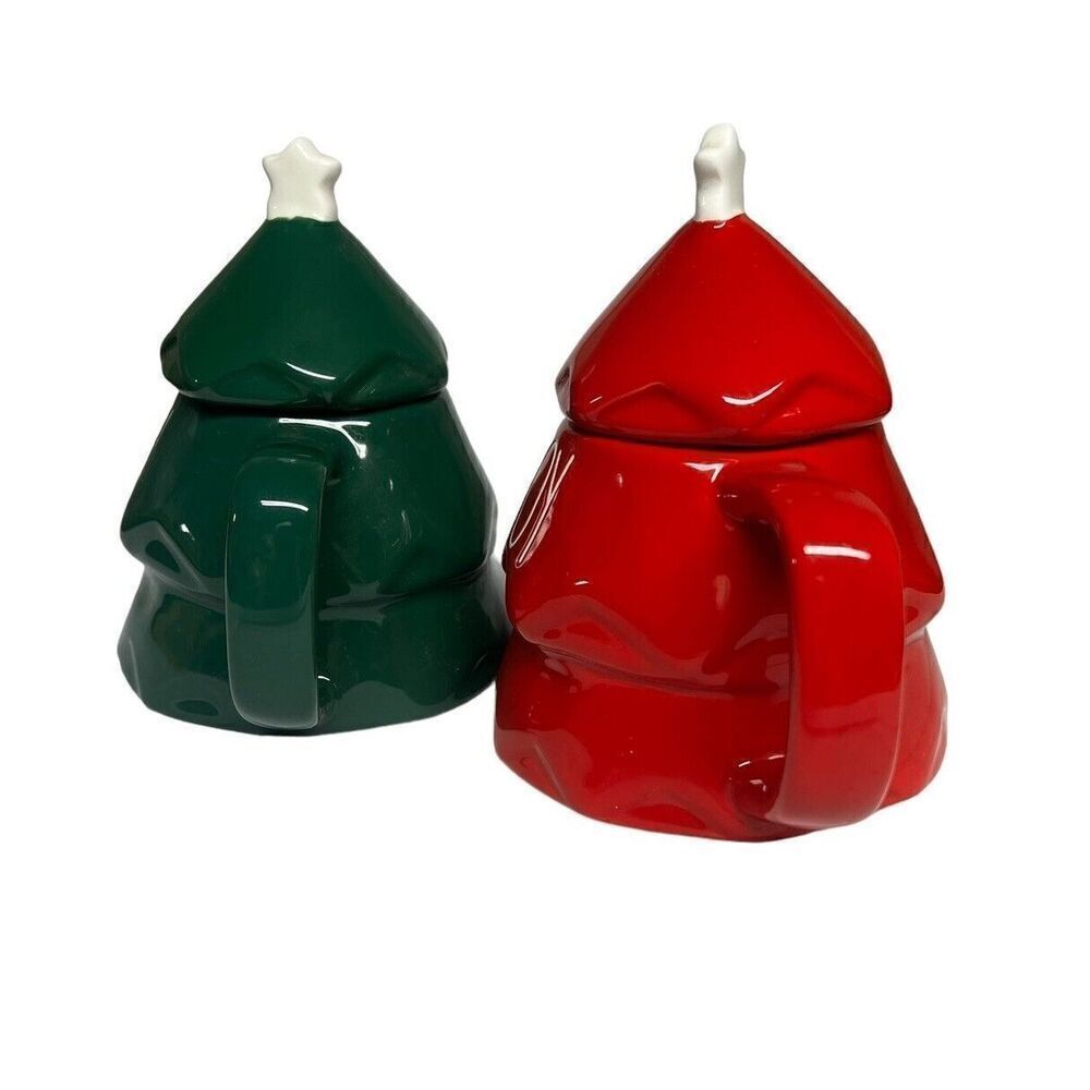 Rae Dunn JOY Red and Green Christmas Tree Mug With Tree Topper/Lid - Picture 3 of 8